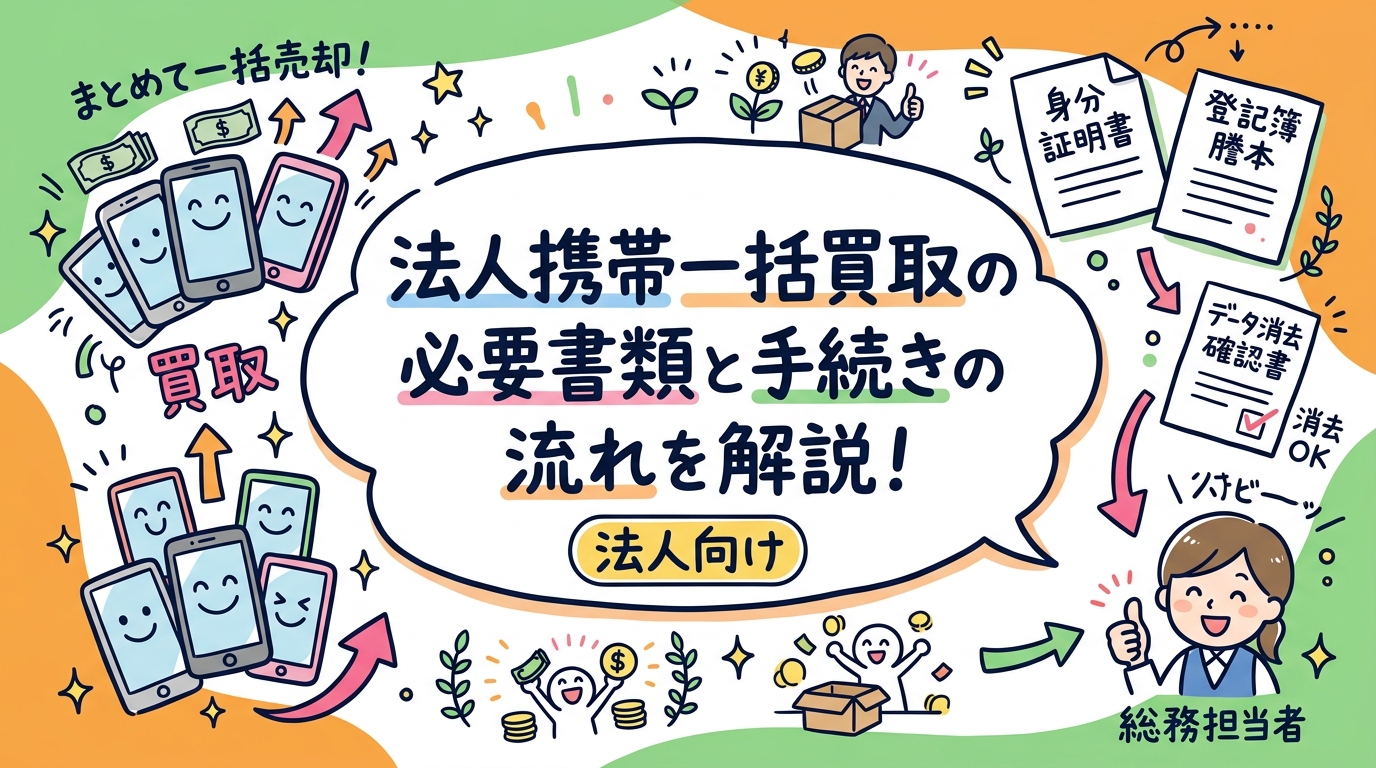 法人として社用携帯を一括売却する際の必要書類・手続きの流れをわかりやすく解説。身分証・法人書類・データ消去確認書の準備から査定・振込まで、総務・経理担当者が迷わず進めるポイントを実務目線で紹介します。