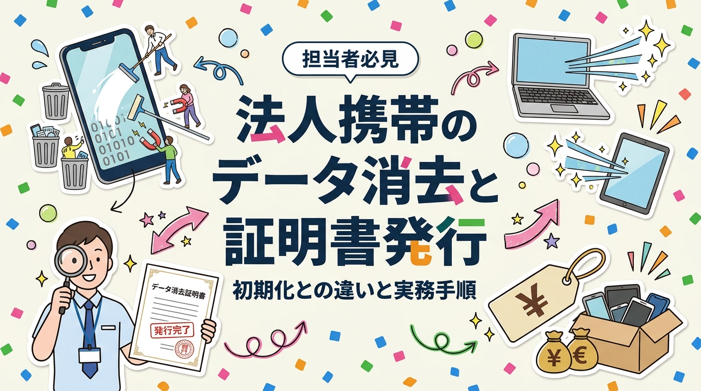 社用スマホ処分時に必要なデータ消去証明書の取得方法を解説。自社での初期化との違い、証明書の記載内容・保管期間の目安など情シス・総務担当が知りたい実務情報を具体的に紹介します。
