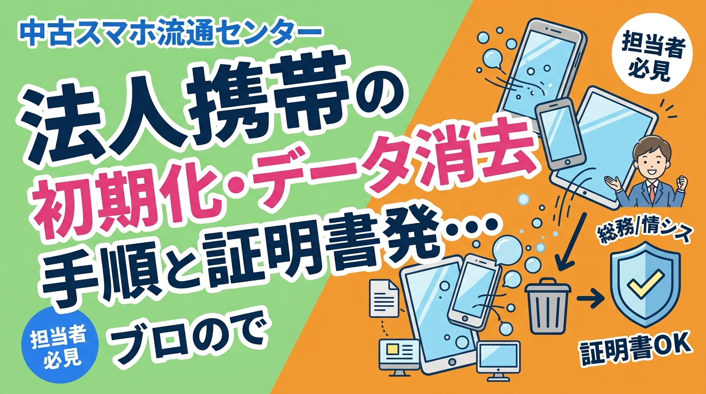 社用携帯の初期化手順・業者依頼との違い・データ消去証明書の必要性を総務・情シス向けに実務的に解説。法人専門の中古スマホ流通センターが安全な処分方法をご案内します。