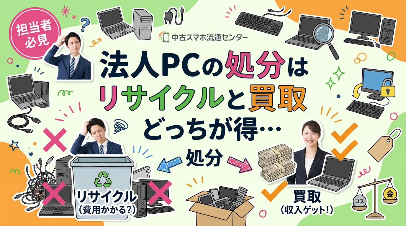 法人PCの処分でリサイクル費用を払うか買取で収入を得るか迷う総務・情シス担当向けに、費用比較・データ消去証明・廃棄予定PCの買取可否まで実務的に解説します。