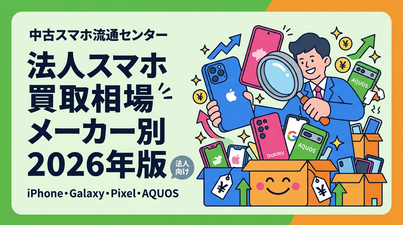 2026年最新の法人スマホ買取相場をメーカー別・ランク別に解説。iPhone・Galaxy・Pixel・AQUOSの目安価格と査定ポイントを総務・経営者向けに詳しく紹介します。