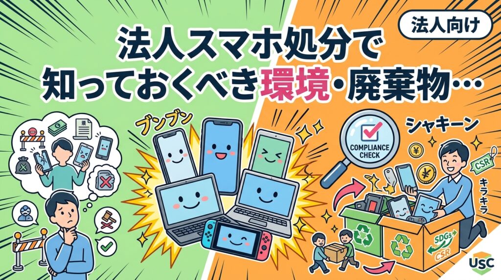 法人がスマホを廃棄する際の廃棄物処理法・小型家電リサイクル法の注意点を解説。CSR・SDGsの観点からも買取リユースが法規面でシンプルな理由を詳しく説明します。