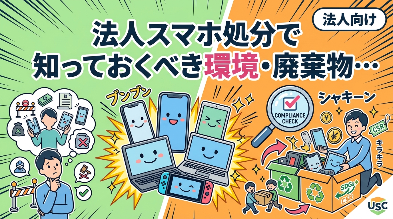 法人がスマホを廃棄する際の廃棄物処理法・小型家電リサイクル法の注意点を解説。CSR・SDGsの観点からも買取リユースが法規面でシンプルな理由を詳しく説明します。