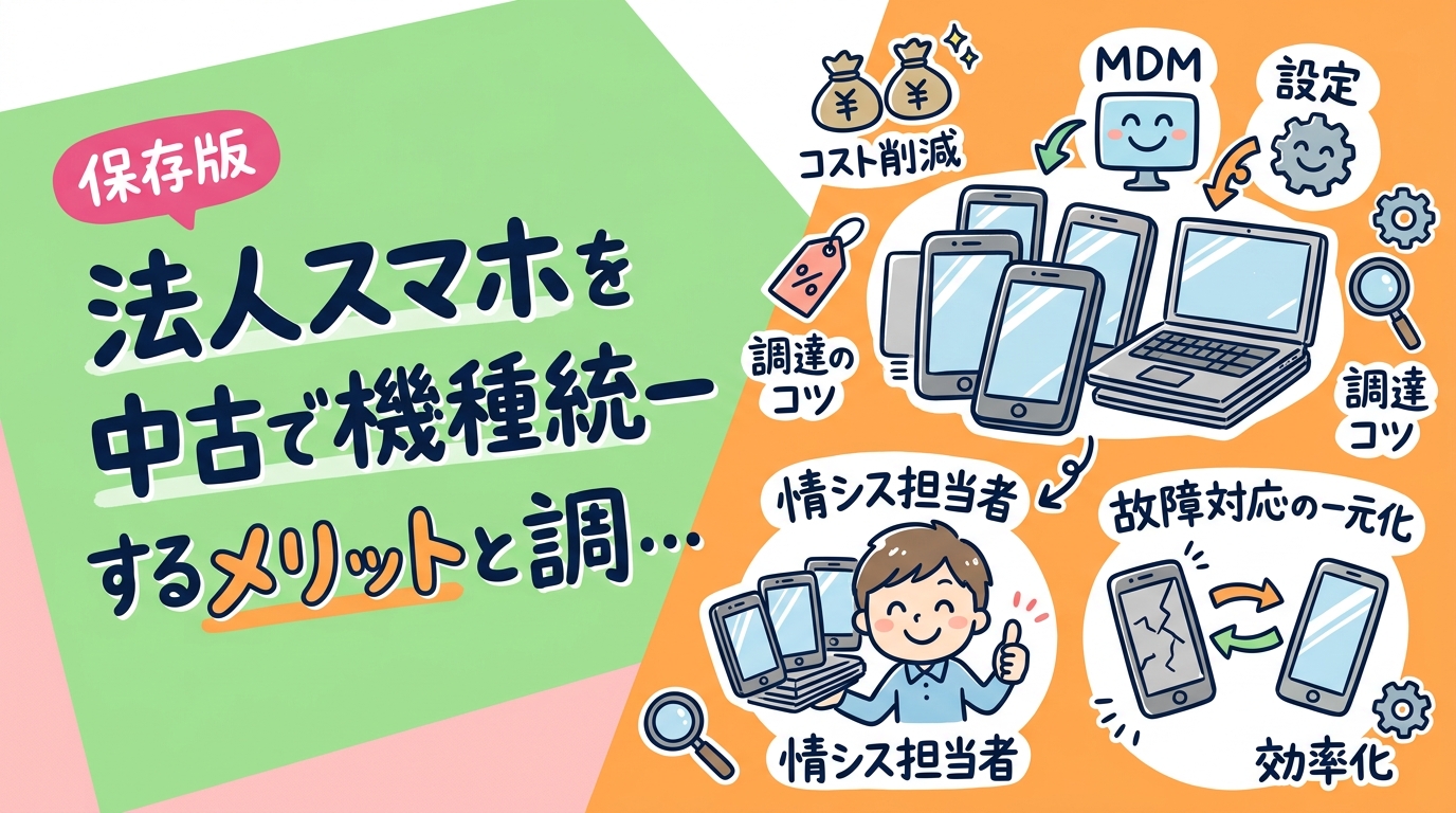 法人スマホの機種統一を中古で実現する方法を解説。MDM設定の統一・キッティング効率化・故障対応の一元化など情シス担当者が知りたいメリットと注意点を具体的に紹介します。