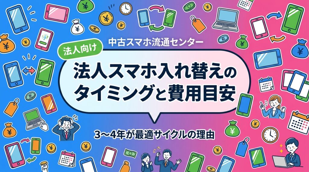 法人スマホの入れ替えタイミングは3〜4年が目安です。リプレイスサイクルごとの費用・下取り売却による回収額・コスト削減の実務フローを総務・経営者向けに解説します。