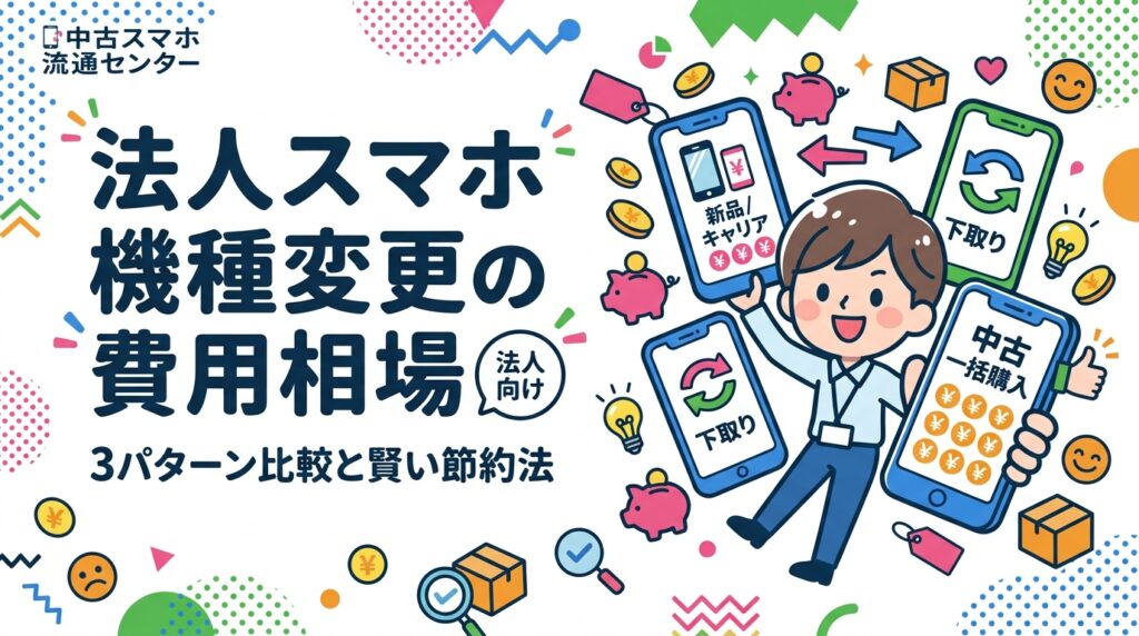 法人スマホの機種変更にかかる費用相場を、キャリア新品・下取り・中古一括購入の3パターンで徹底比較。中小企業の総務・情シス担当者向けに、トータルコストの抑え方とデータ消去の重要性も解説します。