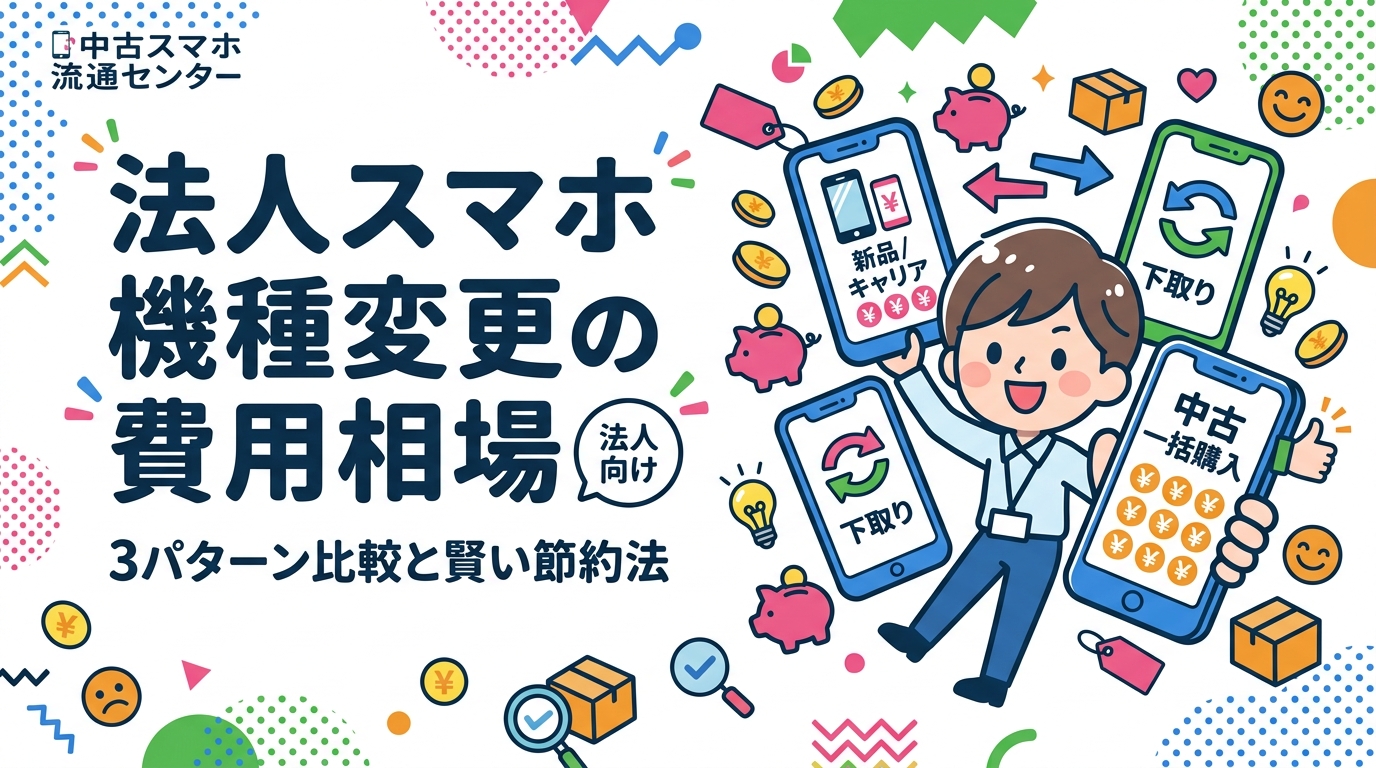 法人スマホの機種変更にかかる費用相場を、キャリア新品・下取り・中古一括購入の3パターンで徹底比較。中小企業の総務・情シス担当者向けに、トータルコストの抑え方とデータ消去の重要性も解説します。