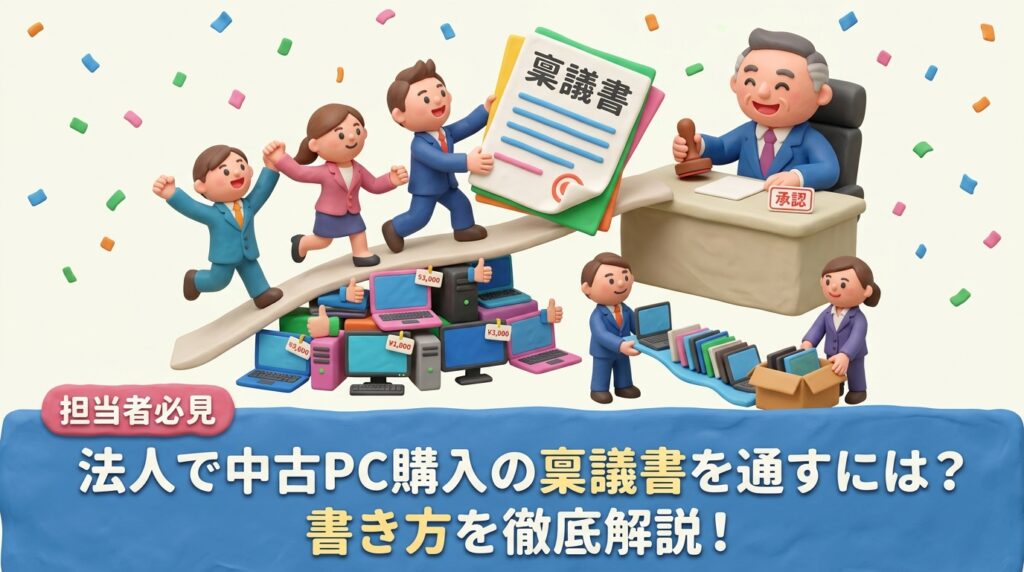 法人が中古PCを一括導入する際の稟議書の書き方を解説。目的・台数・スペック・費用比較・セキュリティ対策など盛り込むべき項目と、上申時の説得材料を具体的に紹介します。