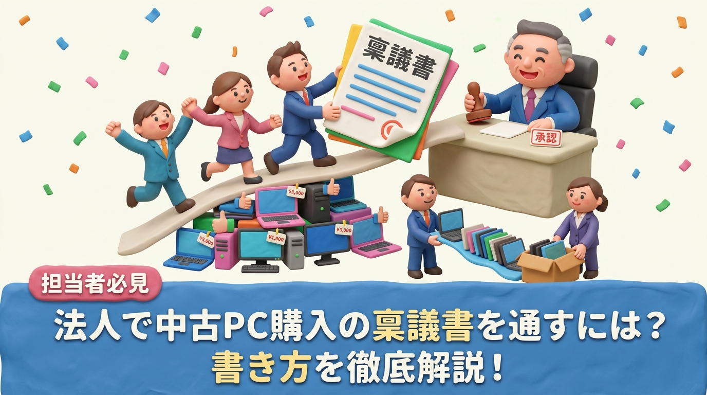 法人が中古PCを一括導入する際の稟議書の書き方を解説。目的・台数・スペック・費用比較・セキュリティ対策など盛り込むべき項目と、上申時の説得材料を具体的に紹介します。