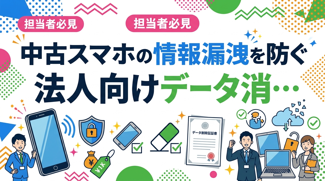 法人が中古スマホを処分・買取に出す際の情報漏洩リスクと防止策を徹底解説。データ消去の規格・証明書の意義・業者選定の確認ポイントまで情シス担当者向けに実務的にまとめました。