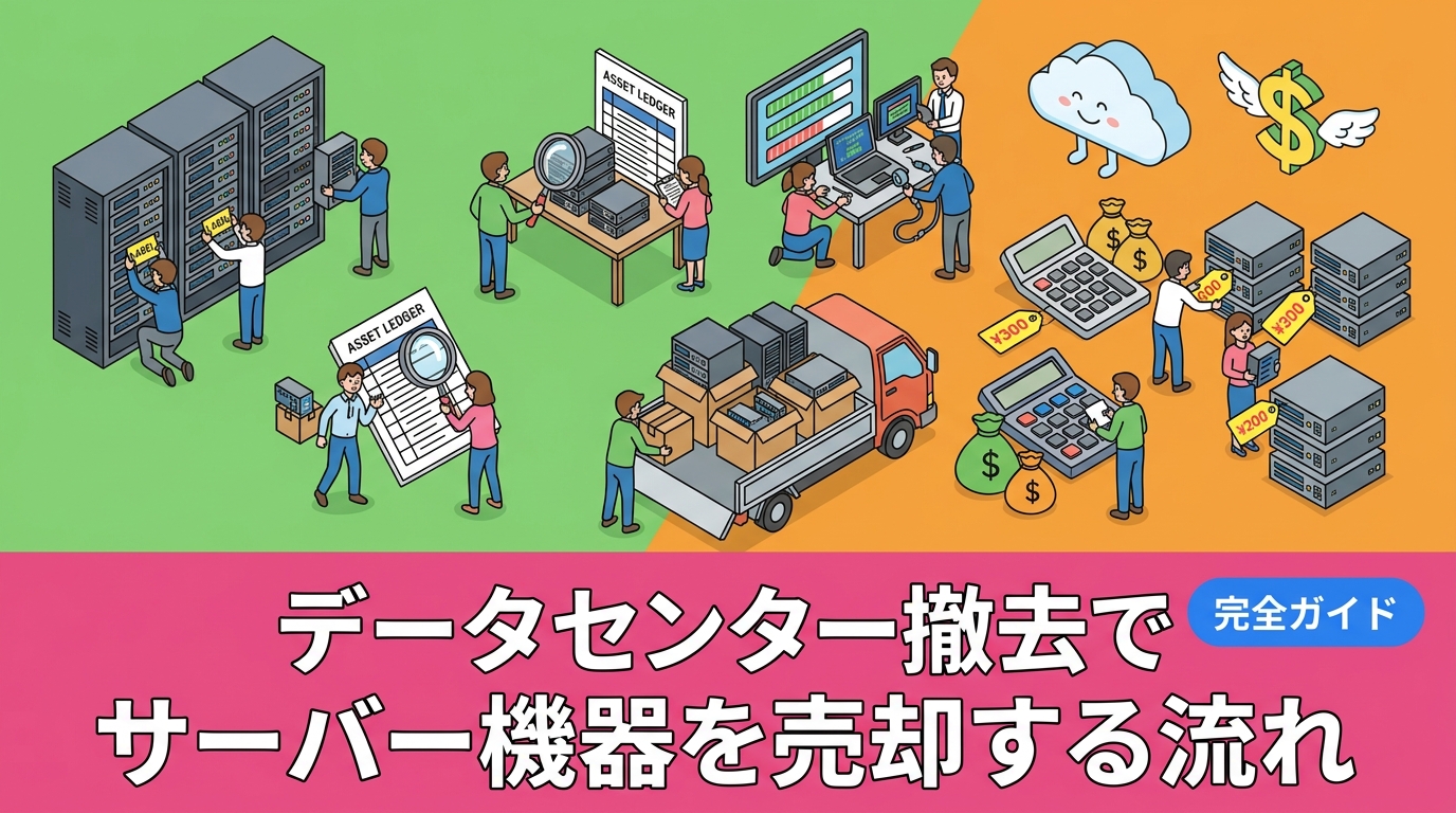 データセンター撤去時のサーバー・ネットワーク機器売却の流れを情シス担当者向けに解説。資産台帳の突合からデータ消去・搬出・買取査定まで実務的な手順と注意点をわかりやすく紹介します。