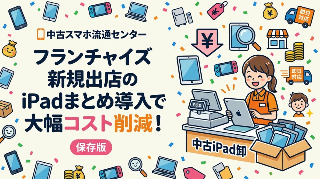 フランチャイズ本部や多店舗展開企業がiPadをPOSレジ・決済端末としてまとめ導入する際のコスト削減方法を解説。同一機種の一括調達から即日対応・データ消去証明書発行まで、法人専門の中古iPad卸サービスを紹介します。