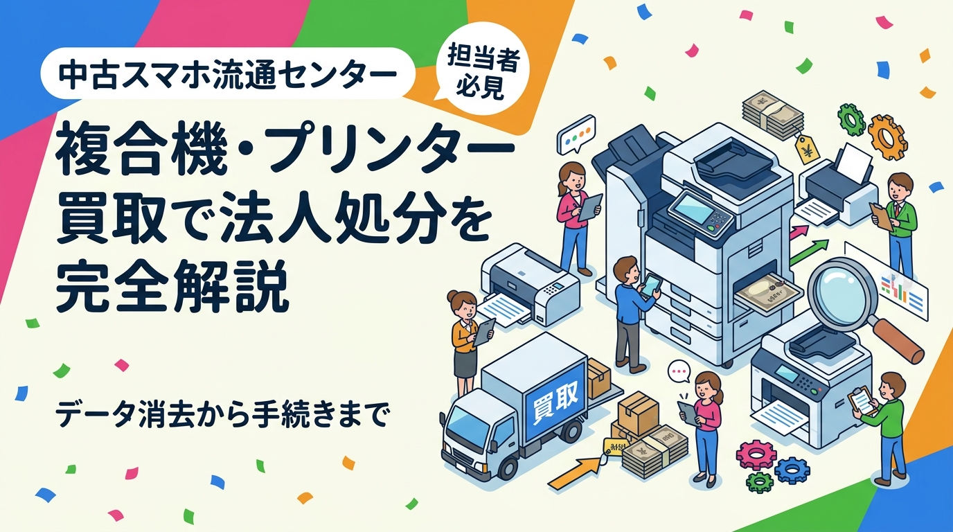 法人の複合機・プリンター処分なら買取が最善策。データ消去証明書の発行、リース品の注意点、相場目安、手続きの流れを総務担当者向けに実務的に解説します。