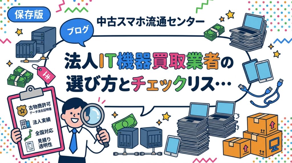 法人のサーバー・ネットワーク機器・業務用IT機器を売却する際の業者選定基準をチェックリスト形式で解説。古物商許可・データ消去証明書・法人実績・全国対応・見積り透明性の5つのポイントを総務・情シス担当者向けに実務的にまとめます。