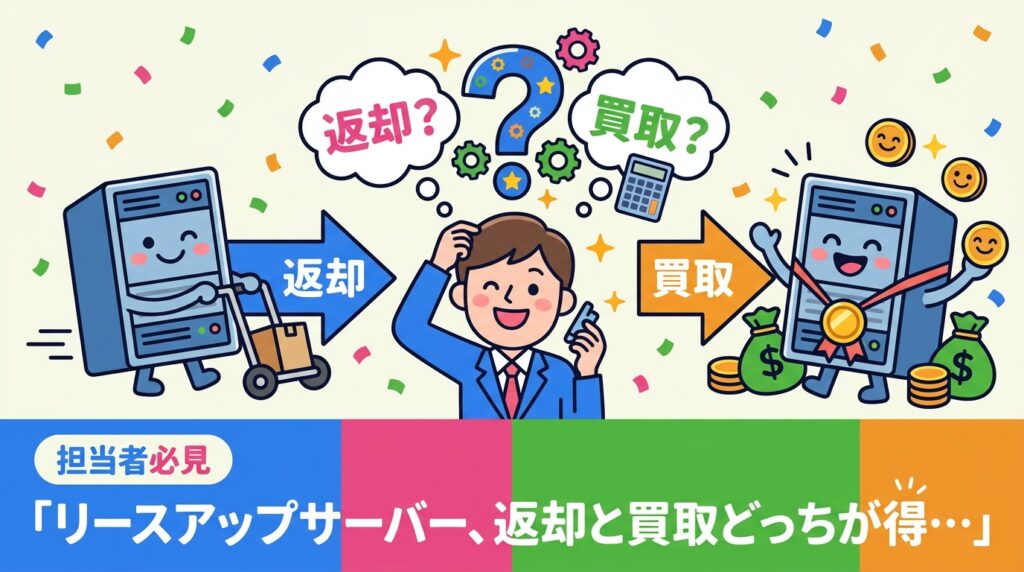 リース満了のサーバーは返却・再リース・買取売却のどれが得か。所有権の確認方法、データ消去の必要性、買取相場の目安まで情シス・総務担当者向けに実務視点で解説します。