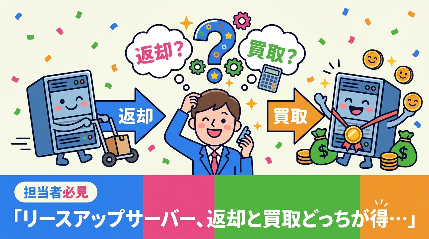 リース満了のサーバーは返却・再リース・買取売却のどれが得か。所有権の確認方法、データ消去の必要性、買取相場の目安まで情シス・総務担当者向けに実務視点で解説します。