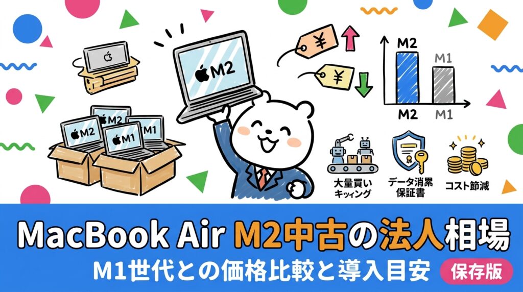 MacBook Air M2中古の法人向け相場をM1世代と比較表で解説。まとめ買い時の一括査定・キッティング・データ消去証明書など法人導入の実務ポイントも網羅。