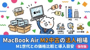 MacBook Air M2中古の法人向け相場をM1世代と比較表で解説。まとめ買い時の一括査定・キッティング・データ消去証明書など法人導入の実務ポイントも網羅。