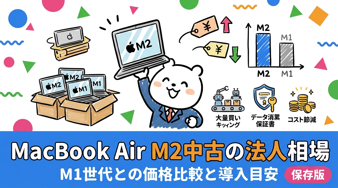 MacBook Air M2中古の法人向け相場をM1世代と比較表で解説。まとめ買い時の一括査定・キッティング・データ消去証明書など法人導入の実務ポイントも網羅。