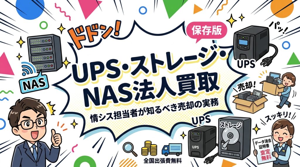 UPS・ストレージ・NASなど業務用IT機器の法人買取を解説。データ消去証明書発行・全国出張費無料・大量ロット対応。情シス・総務担当者向けに査定ポイントと売却手順を具体的に紹介。