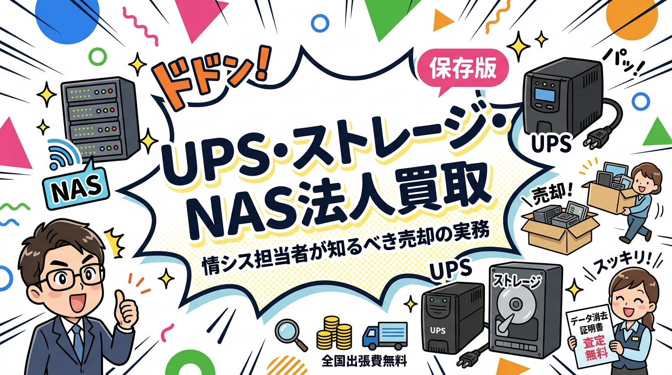 UPS・ストレージ・NASなど業務用IT機器の法人買取を解説。データ消去証明書発行・全国出張費無料・大量ロット対応。情シス・総務担当者向けに査定ポイントと売却手順を具体的に紹介。