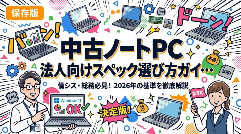 2026年に法人で使える中古ノートPCのスペック基準を情シス・総務向けに徹底解説。CPU世代・メモリ・SSD・OS対応から用途別推奨スペック、Windows11確認方法まで実務的に網羅。