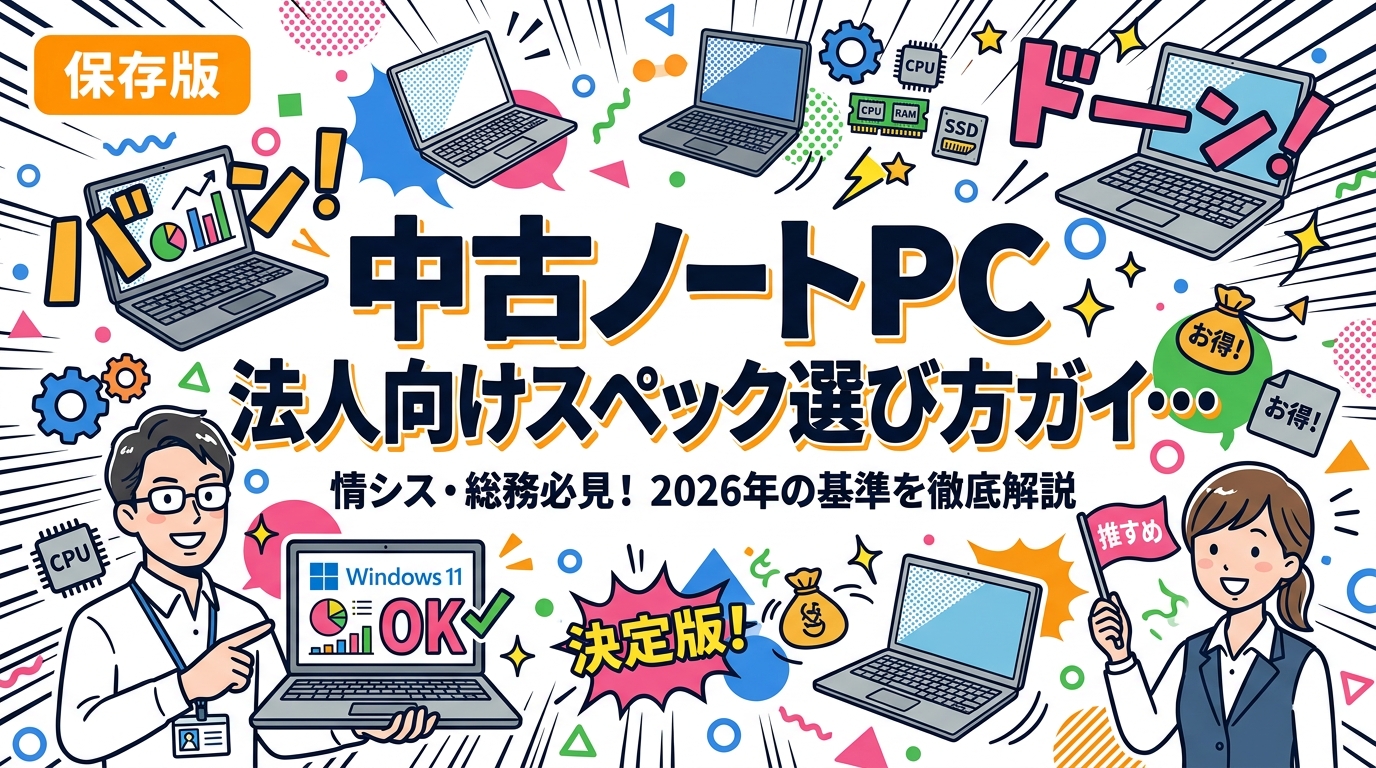 2026年に法人で使える中古ノートPCのスペック基準を情シス・総務向けに徹底解説。CPU世代・メモリ・SSD・OS対応から用途別推奨スペック、Windows11確認方法まで実務的に網羅。