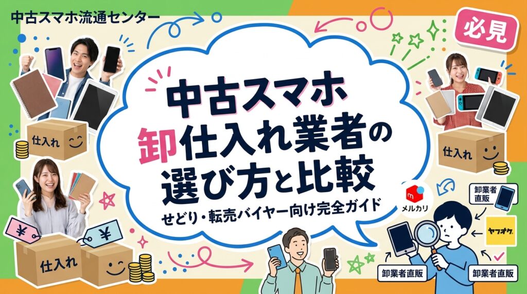 中古スマホ卸の仕入れ業者を比較検討しているせどり・転売バイヤー向けに、メルカリ・ヤフオク・業者直販の3ルートの違い、ランク・赤ロム・付属品など仕入れの実務ポイントを具体的に解説します。