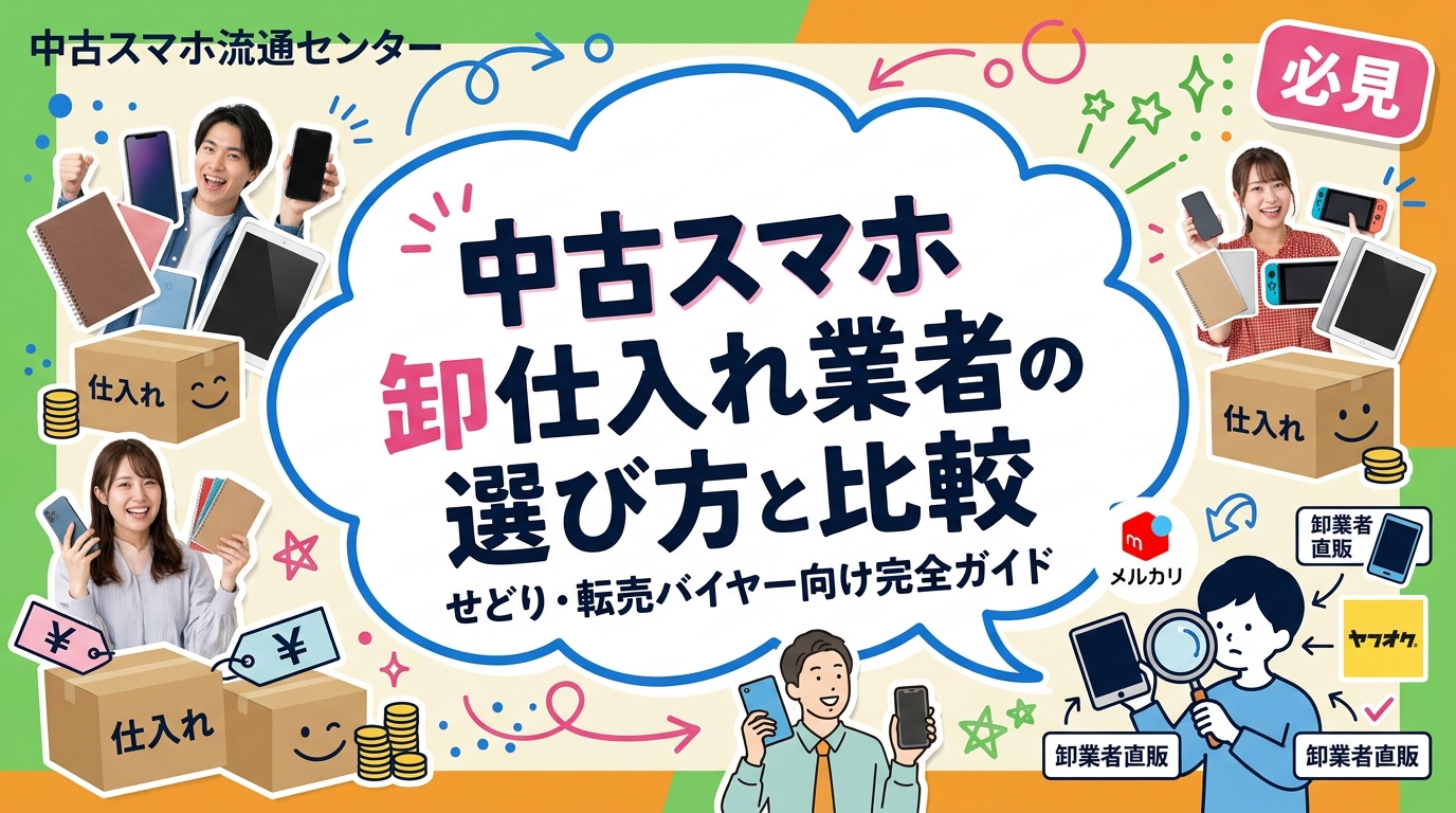中古スマホ卸の仕入れ業者を比較検討しているせどり・転売バイヤー向けに、メルカリ・ヤフオク・業者直販の3ルートの違い、ランク・赤ロム・付属品など仕入れの実務ポイントを具体的に解説します。