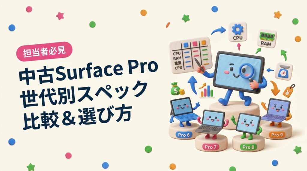 中古Surface Proの世代別CPU・RAM・重量を徹底比較。法人用途（現場持ち歩き・軽量重視・オフィス）に合ったモデル選びと、中古購入時の注意点を情シス・総務担当向けに解説します。