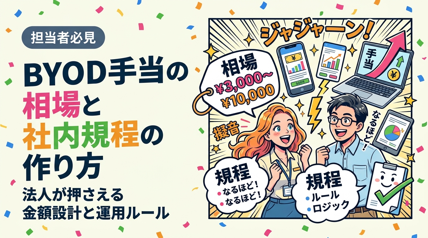 BYOD手当とは私物端末の業務利用に対し通信費等を補填する費用です。法人向けに手当額の決め方、相場の考え方、社内規程に盛り込む項目、課税上の注意点、運用の落とし穴までを実務目線で解説します。