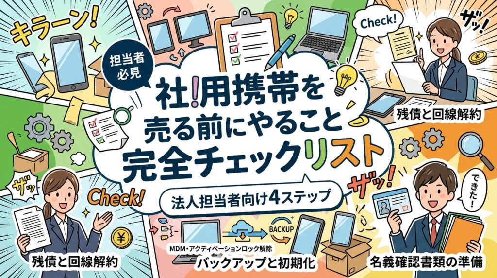 社用携帯を売る前にやることを、法人の総務・情シス担当者向けにチェックリスト化。残債と回線解約、MDM・アクティベーションロック解除、バックアップと初期化、名義確認書類の準備まで実務手順を具体的に解説します。