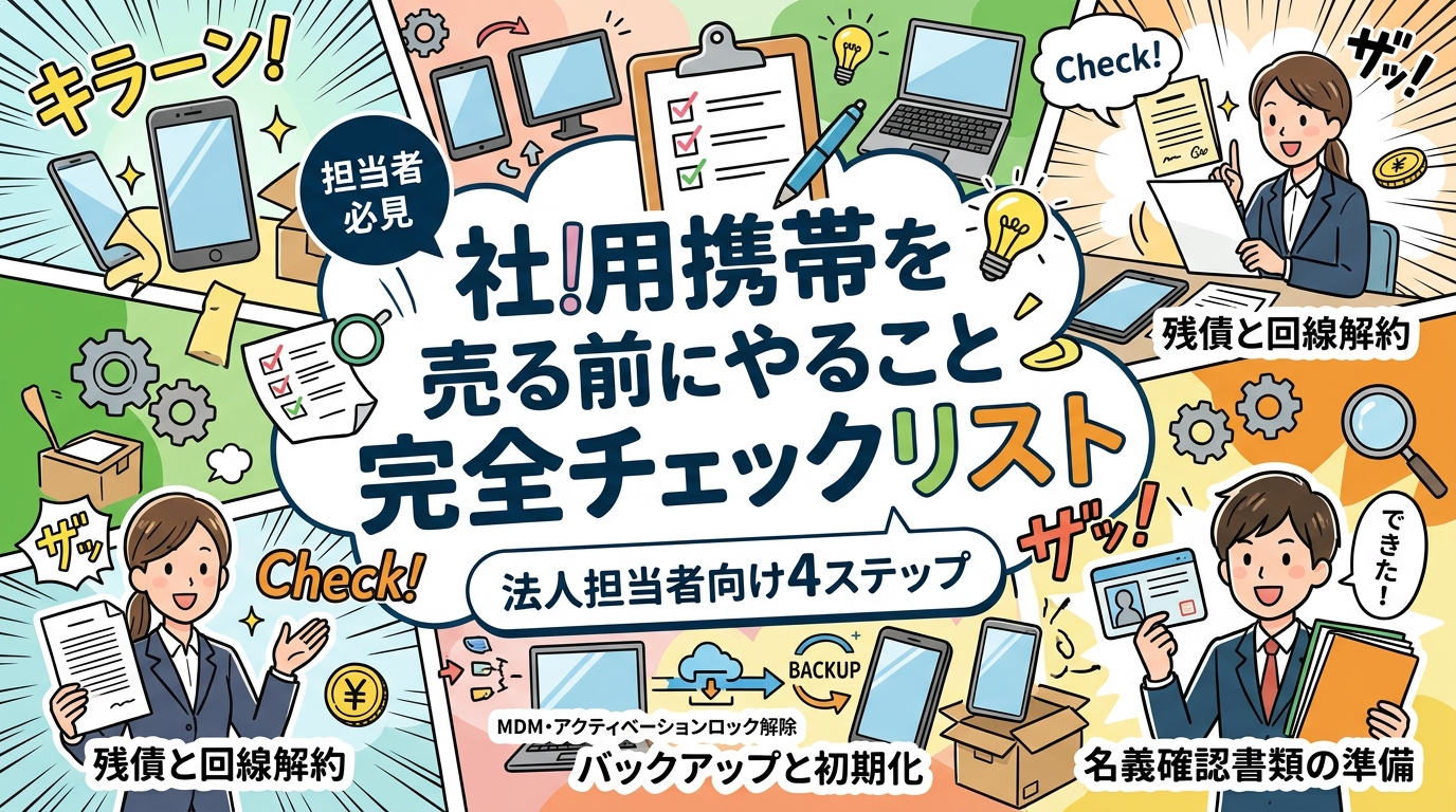社用携帯を売る前にやることを、法人の総務・情シス担当者向けにチェックリスト化。残債と回線解約、MDM・アクティベーションロック解除、バックアップと初期化、名義確認書類の準備まで実務手順を具体的に解説します。