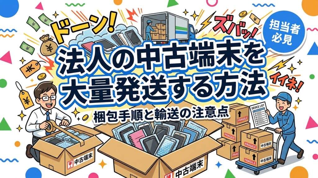 法人で数十〜数百台の中古スマホ・PCをまとめて売却する際の梱包手順と輸送方法を解説。緩衝材での個別梱包、台数リストの同梱、保険付き配送の基本から、台数規模別の集荷・パレット回収の選び方、破損時のトラブル回避策、受領後の検品・報告フローまで実務目線でまとめました。