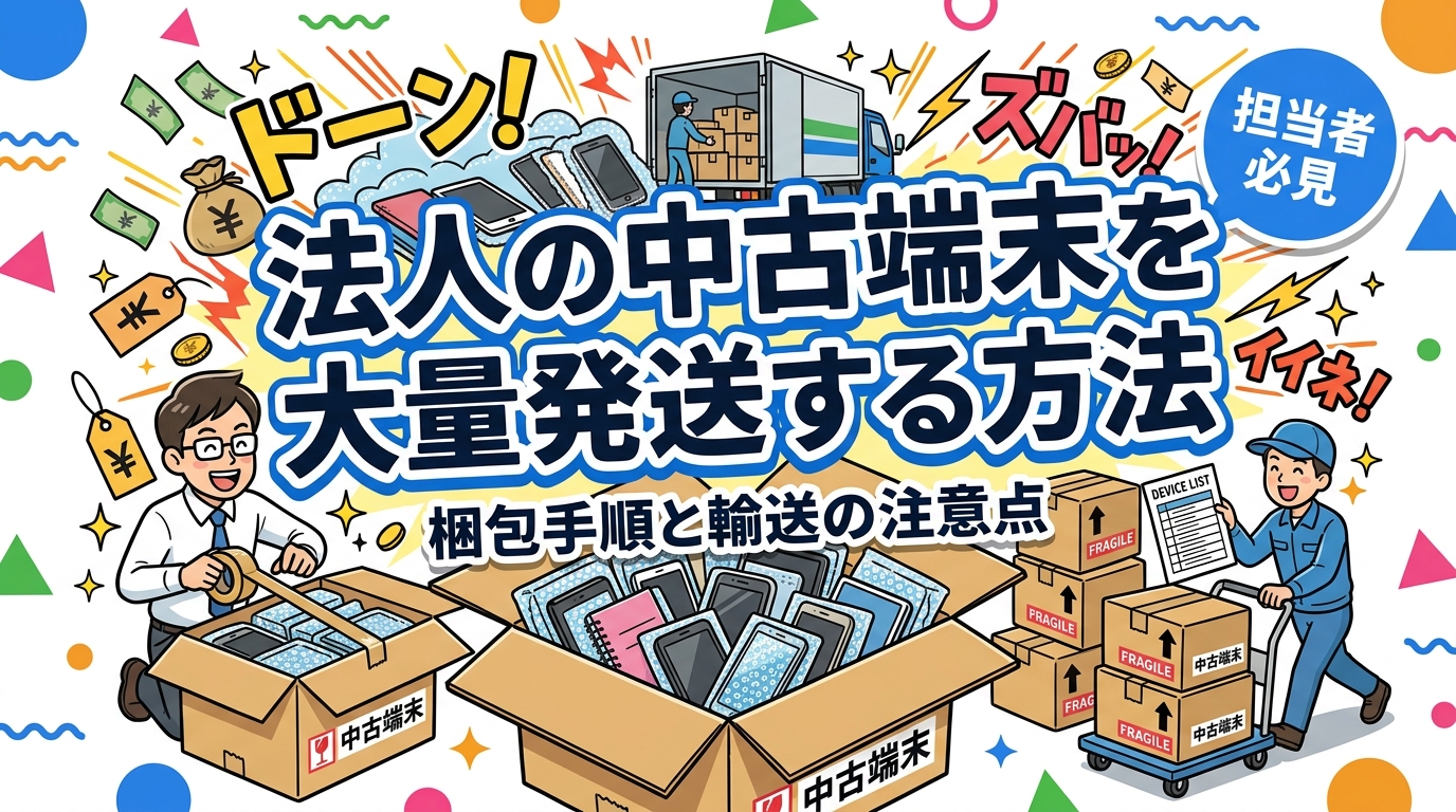 法人で数十〜数百台の中古スマホ・PCをまとめて売却する際の梱包手順と輸送方法を解説。緩衝材での個別梱包、台数リストの同梱、保険付き配送の基本から、台数規模別の集荷・パレット回収の選び方、破損時のトラブル回避策、受領後の検品・報告フローまで実務目線でまとめました。