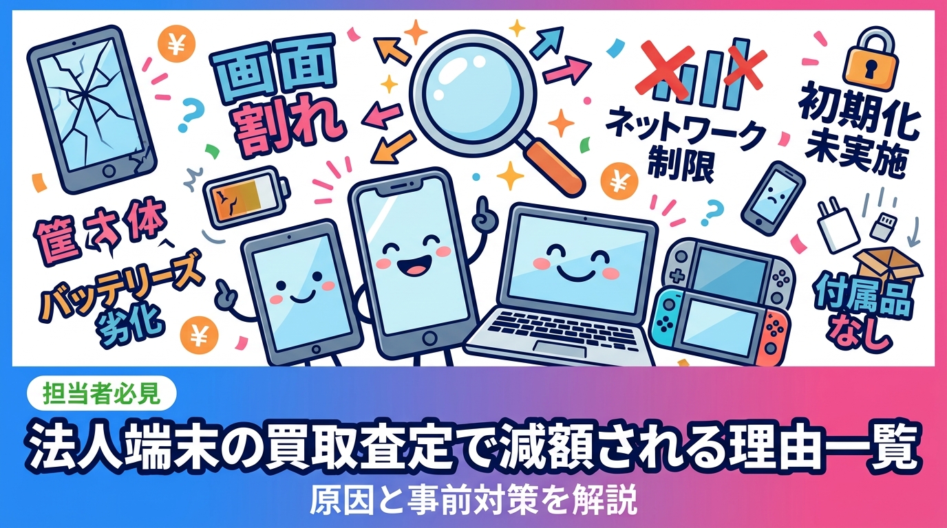 法人スマホ・PCの買取査定が想定より低いのはなぜか。画面や筐体の傷、バッテリー劣化、ネットワーク利用制限、初期化未実施、付属品欠品など減額理由を一覧で解説し、査定前にできる対策と依頼手順を総務担当向けにまとめます。