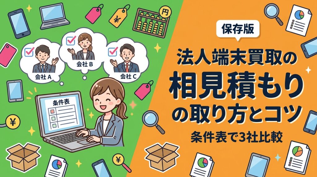 法人のスマホ・PC買取で相見積もりを取るコツを解説。型番・台数・グレード・付属品・データ消去要否を統一した条件表を作り同一条件で3社に依頼する手順、依頼時に伝える情報、比較チェックポイントを実務目線でまとめます。