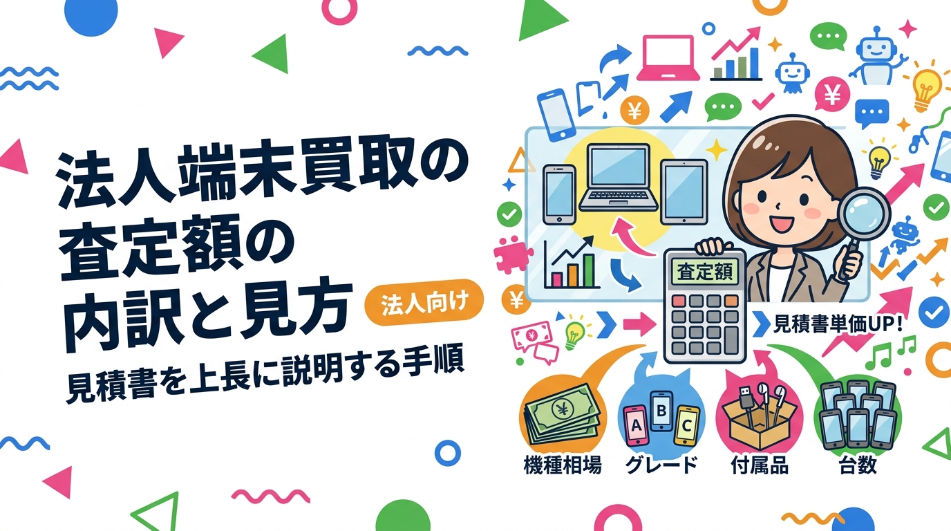 法人スマホ・PCの買取査定額は「機種相場×グレード×付属品×台数」の積み上げで決まります。見積書の単価・減額・加算の読み方、卸直結で単価が上がる理由、社内説明のポイントを総務担当向けに実務目線で解説します。