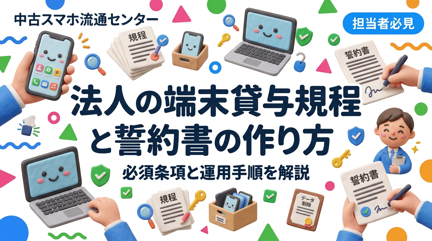 端末貸与規程とは、社員へ貸与する端末の利用範囲・返却義務・紛失時対応を定めた社内ルールです。中古端末を法人貸与する際に必要な条項、誓約書の書き方、返却後の初期化とデータ消去証明書の保管まで実務手順を解説します。