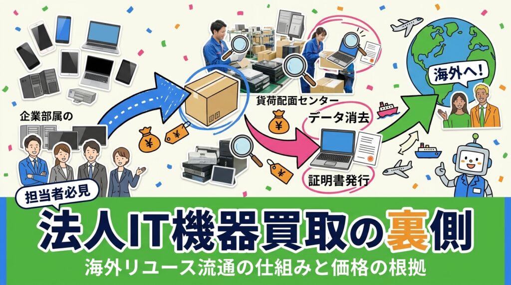 法人のIT機器買取価格はどう決まるのか。中古スマホ・PCが国内再販と海外リユース市場へ流通する経路、卸直結で中間コストを削減できる理由、出荷前のデータ消去と証明書発行の運用までを実務目線で解説します。