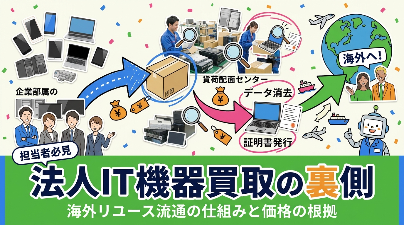 法人のIT機器買取価格はどう決まるのか。中古スマホ・PCが国内再販と海外リユース市場へ流通する経路、卸直結で中間コストを削減できる理由、出荷前のデータ消去と証明書発行の運用までを実務目線で解説します。