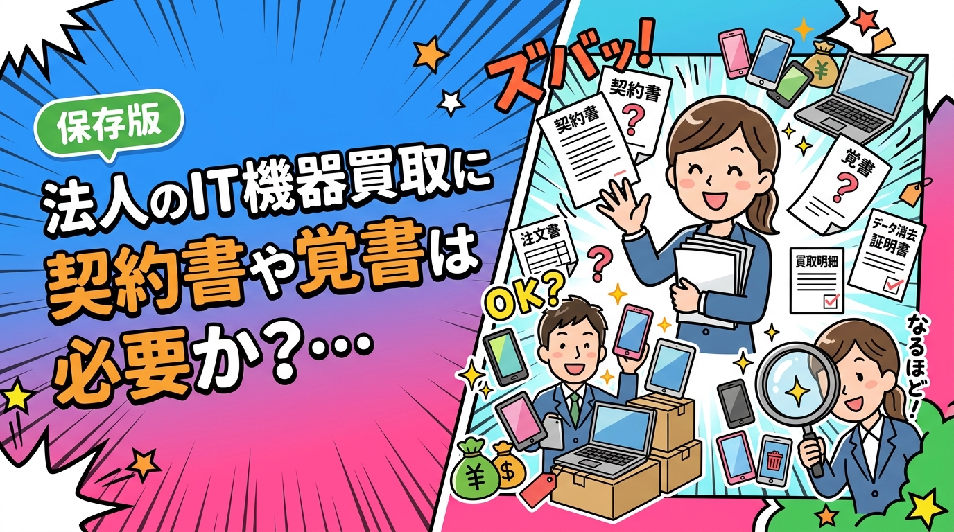 法人がIT機器を買取に出す際、契約書や覚書は必要か。多くは注文書・買取明細・データ消去証明書で足りますが、継続取引や大量案件では覚書が安心です。古物営業法上の本人確認書類や社内稟議の進め方まで実務目線で解説します。