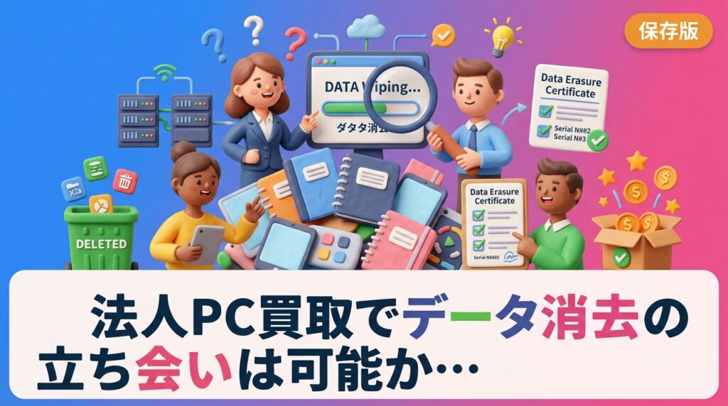 法人PC買取でデータ消去に立ち会えるのか、事業所内での消去に対応できるのかを解説。可否が分かれる理由、セキュリティ規程側の典型要件、シリアル単位のデータ消去証明書、立ち会いが難しい場合の代替案まで実務目線で整理します。