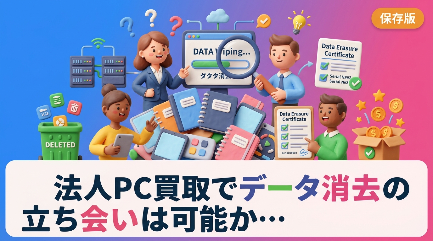 法人PC買取でデータ消去に立ち会えるのか、事業所内での消去に対応できるのかを解説。可否が分かれる理由、セキュリティ規程側の典型要件、シリアル単位のデータ消去証明書、立ち会いが難しい場合の代替案まで実務目線で整理します。