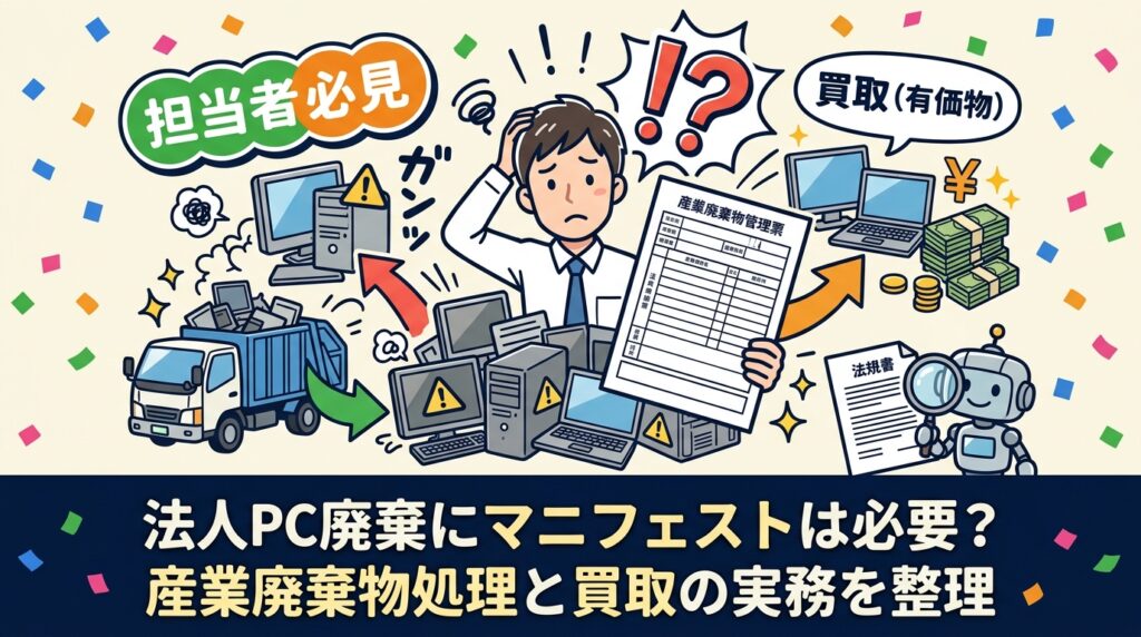 事業者が使ったPCは産業廃棄物にあたり、廃棄を委託する場合は原則マニフェストの交付が必要です。廃棄物処理法・PCリサイクル法・小型家電リサイクル法の違い、委託先の産廃許可の確認手順、買取（有価物）なら対象外となる実務上の扱いまで法人担当者向けに整理します。