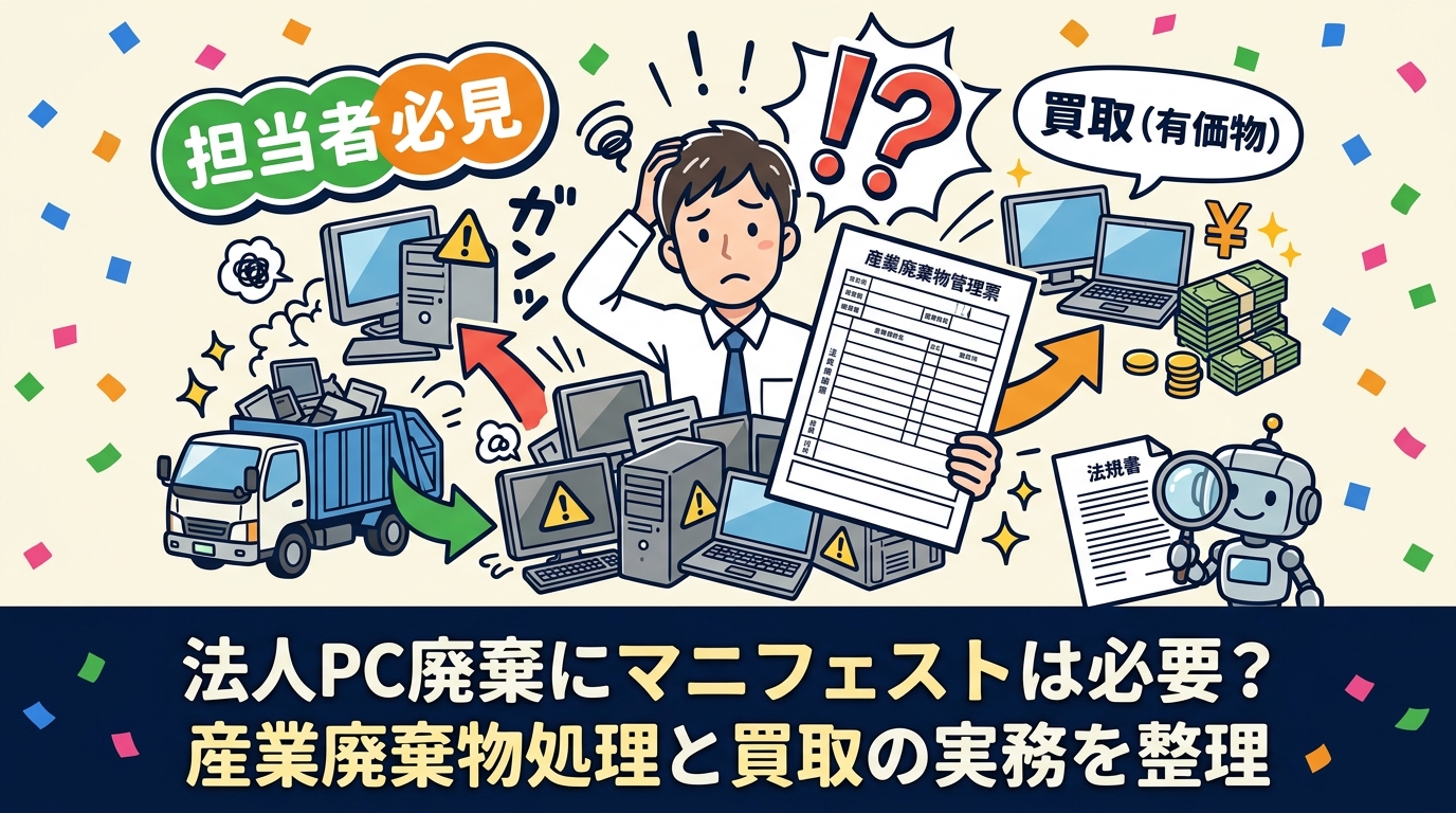 事業者が使ったPCは産業廃棄物にあたり、廃棄を委託する場合は原則マニフェストの交付が必要です。廃棄物処理法・PCリサイクル法・小型家電リサイクル法の違い、委託先の産廃許可の確認手順、買取(有価物)なら対象外となる実務上の扱いまで法人担当者向けに整理します。