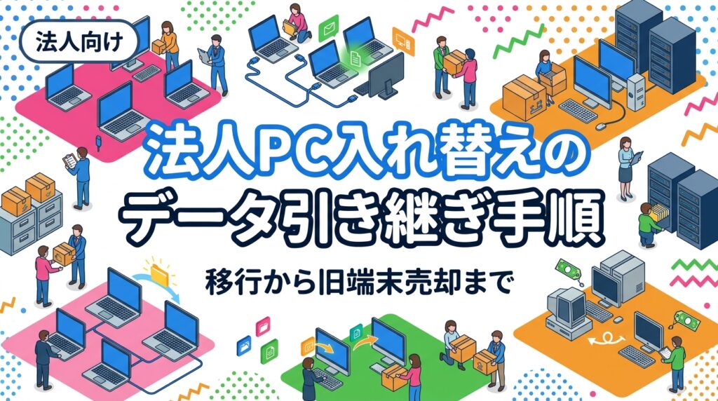 法人のPC入れ替えで失敗しないデータ移行手順を、情シス担当者向けに時系列で解説。棚卸し・退避・キッティング・旧端末のデータ消去と買取までの実務フロー、費用対効果、同時依頼のメリットまで整理します。