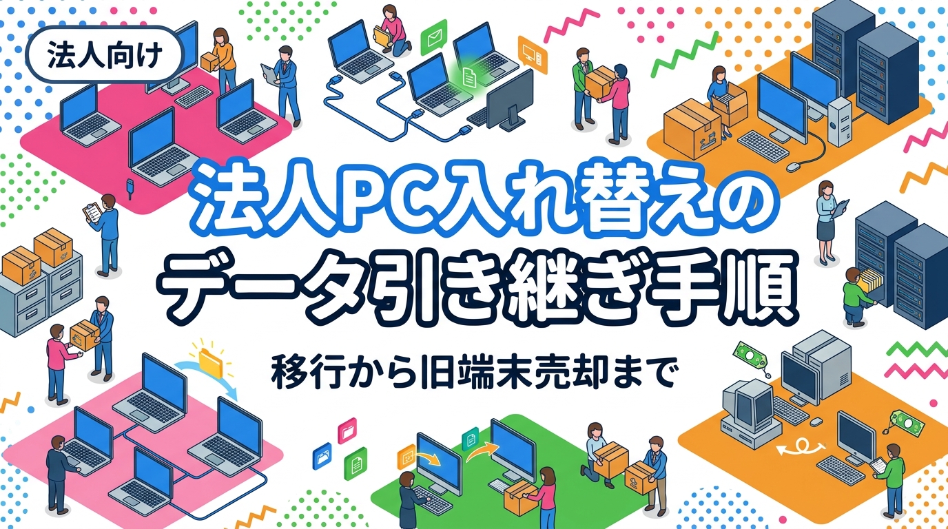 法人のPC入れ替えで失敗しないデータ移行手順を、情シス担当者向けに時系列で解説。棚卸し・退避・キッティング・旧端末のデータ消去と買取までの実務フロー、費用対効果、同時依頼のメリットまで整理します。