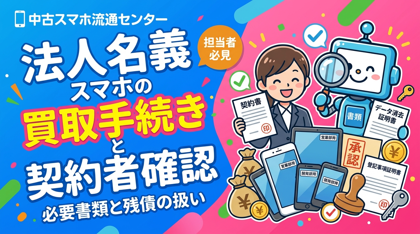 法人名義のスマホを売却する際の契約者確認や必要書類、残債精算、ネットワーク利用制限(赤ロム)の確認手順を法人担当者向けに解説。登記事項証明書や委任状の準備、資産台帳との突合、データ消去証明書の発行タイミングまで実務目線で整理します。