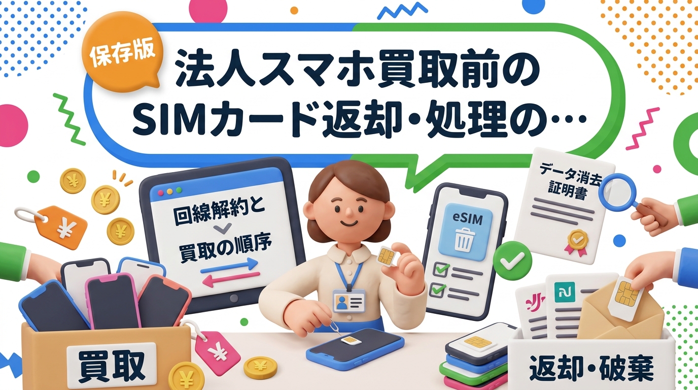 法人スマホを売却する際、SIMカードは端末と別物として必ず抜き取り、キャリアの指示に従って返却・破棄します。eSIM削除手順、回線解約と買取の順序、データ消去証明書での社内報告まで総務担当者向けに解説します。